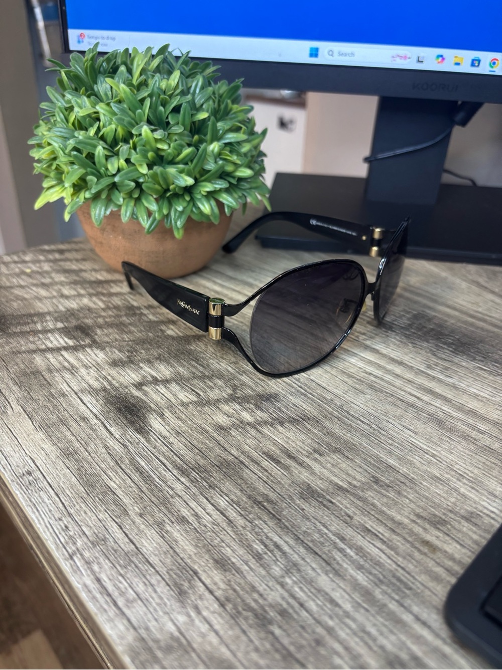 Yves Saint Laurent Black Sunglasses with Gold Accents - Picture 2 of 11